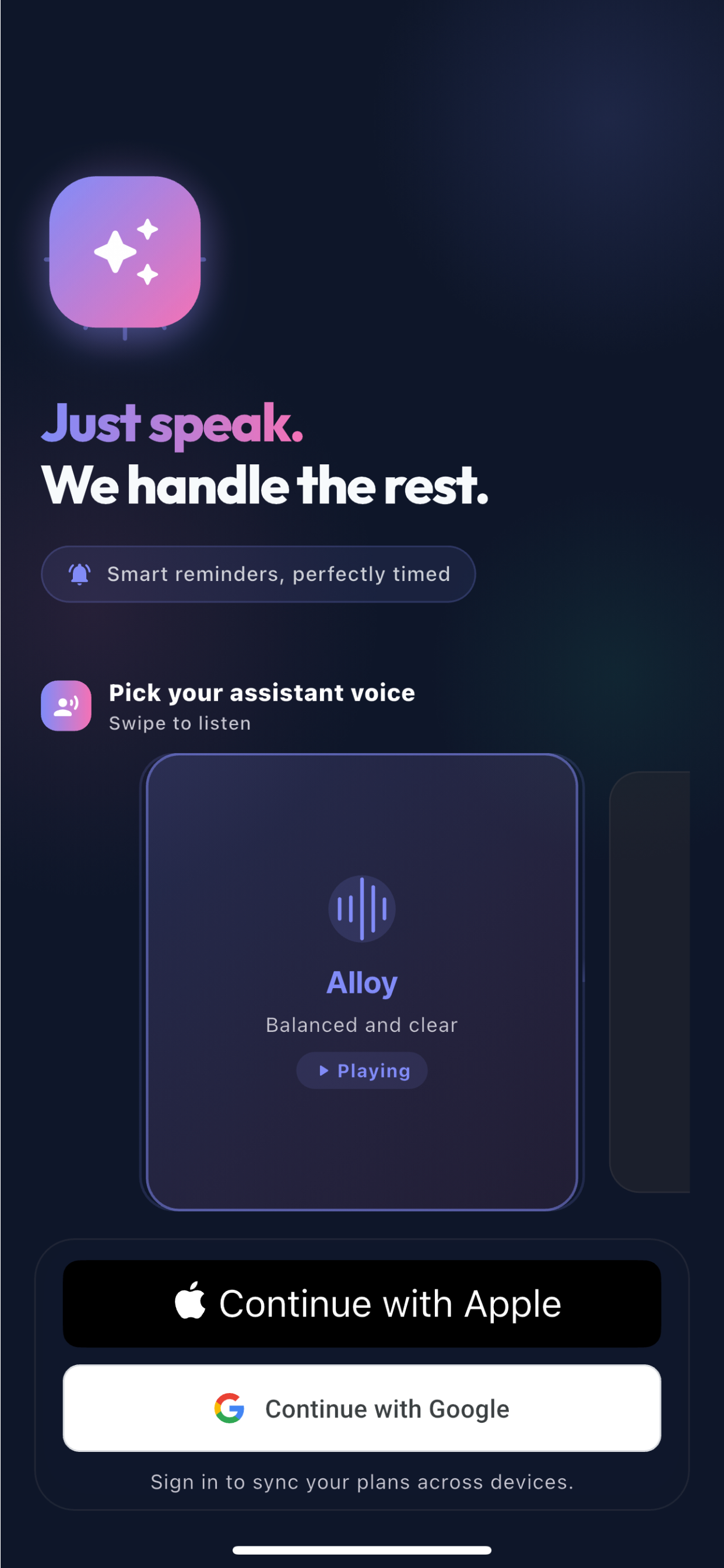 PlannerNext voice selection onboarding